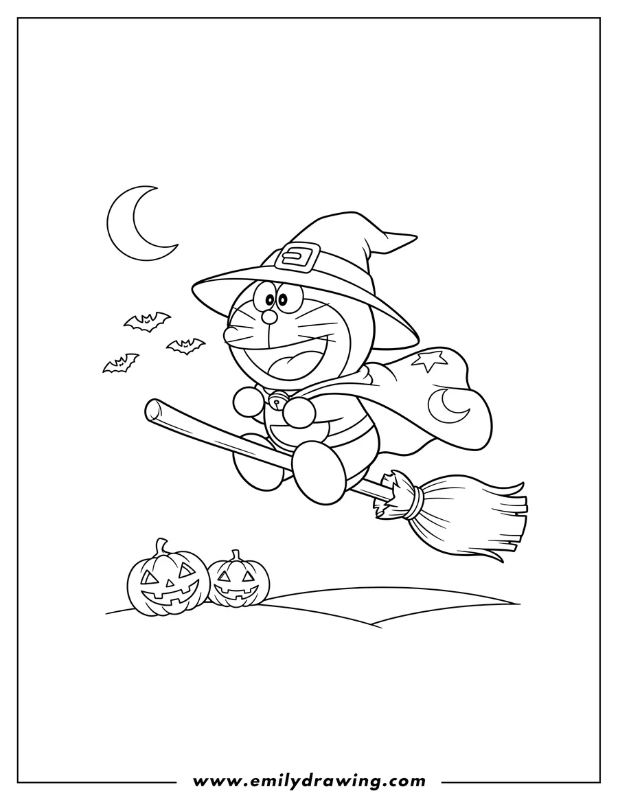 Free to print drawing of witch Doraemon flying on a broomstick Halloween