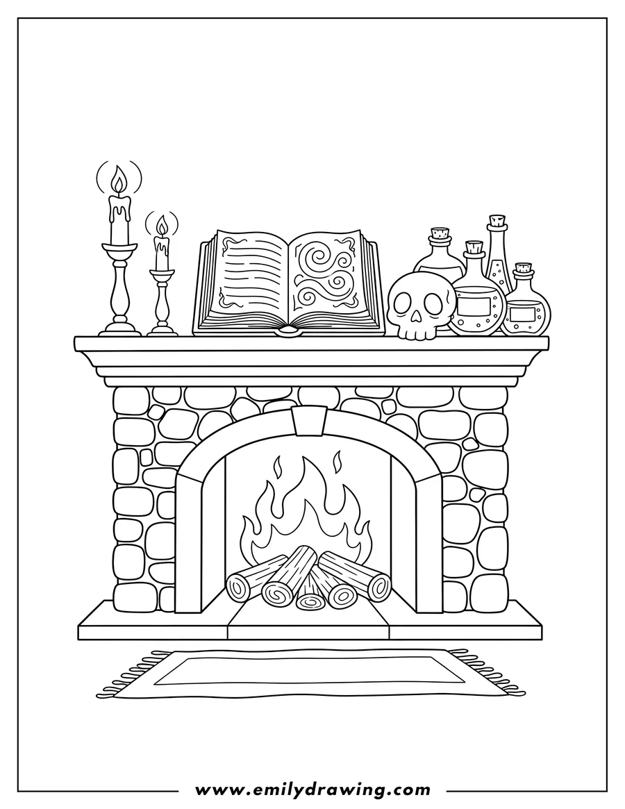 Vector style outline of witchs Fireplace With Burning Logs, an Open Spellbook, Glowing Candles, a Skull, and Potion Bottles