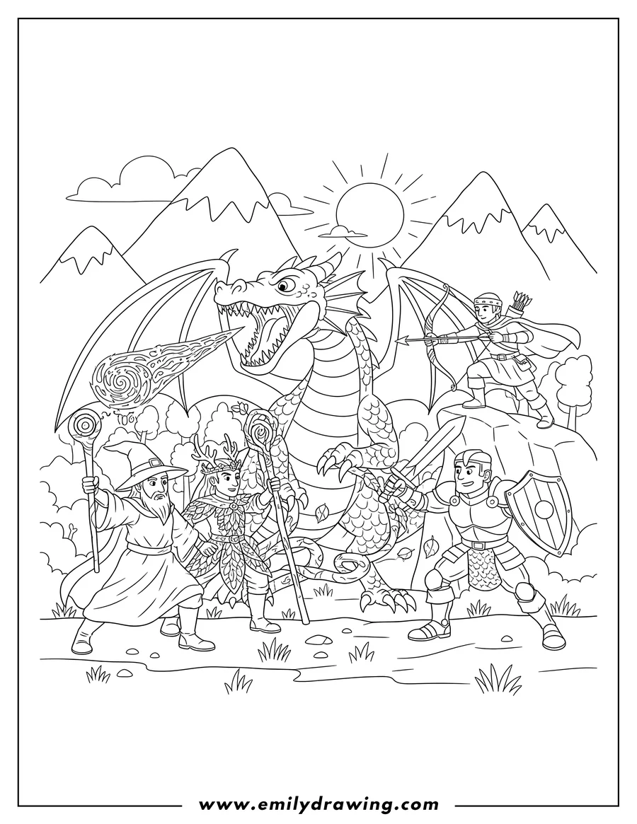 High quality printable wizard Druid Fighter And Ranger Battling a Roaring Dragon for coloring