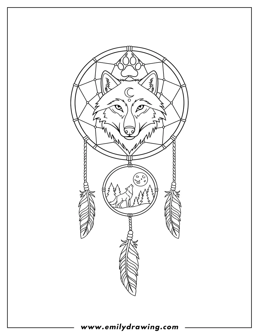 Vector style outline of wolf head with a crescent moon on its forehead, inside a dreamcatcher featuring a paw print, a forest scene with a howling wolf, and hanging feathers