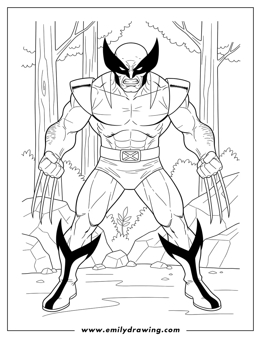 PDF style coloring page: realistic Wolverine Forest V2, with claws extended and an angry expression