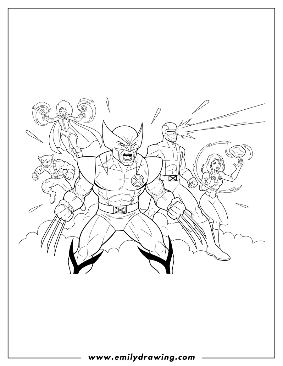 Coloring sheet featuring wolverine with claws extended, Cyclops shooting optic blast, and other X-Men in action
