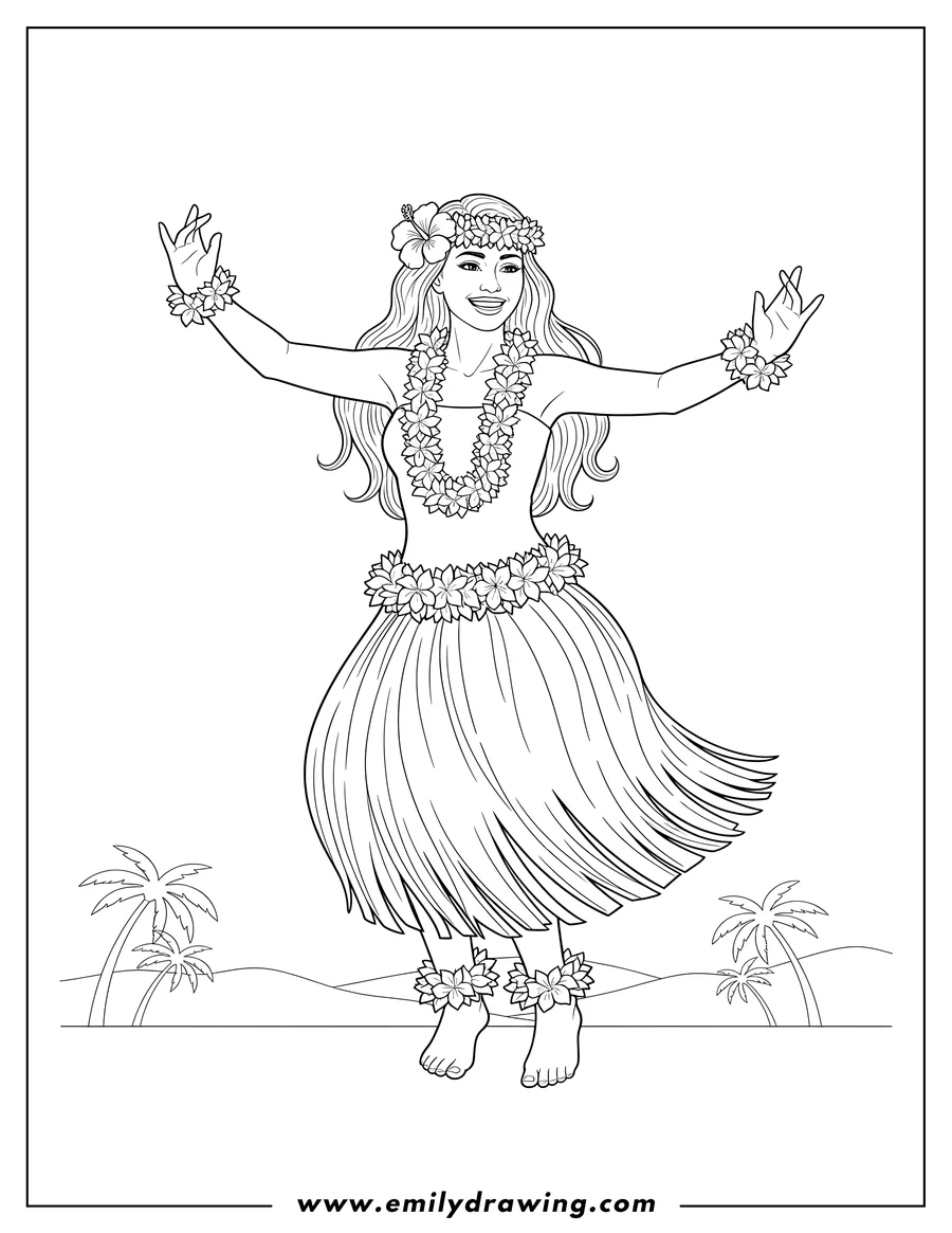Coloring page of realistic Woman Dancing Hula, smiling and wearing leis