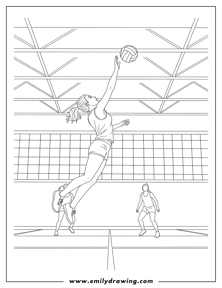 Printable line art of realistic Woman Air About To Hit Volleyball, spiking it over a net with other players on the court