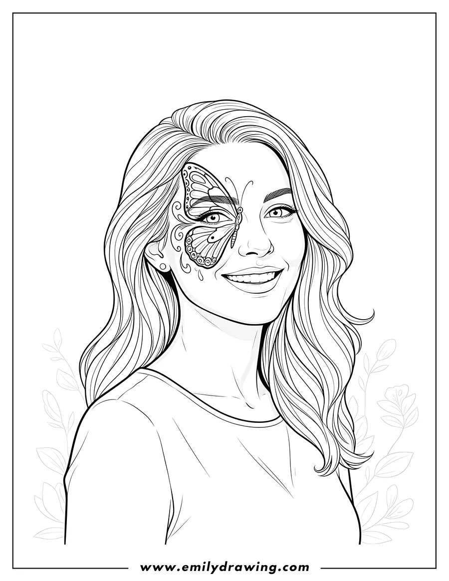 Free printable coloring sheet of realistic Woman Smiling with Butterfly Face Makeup on one side