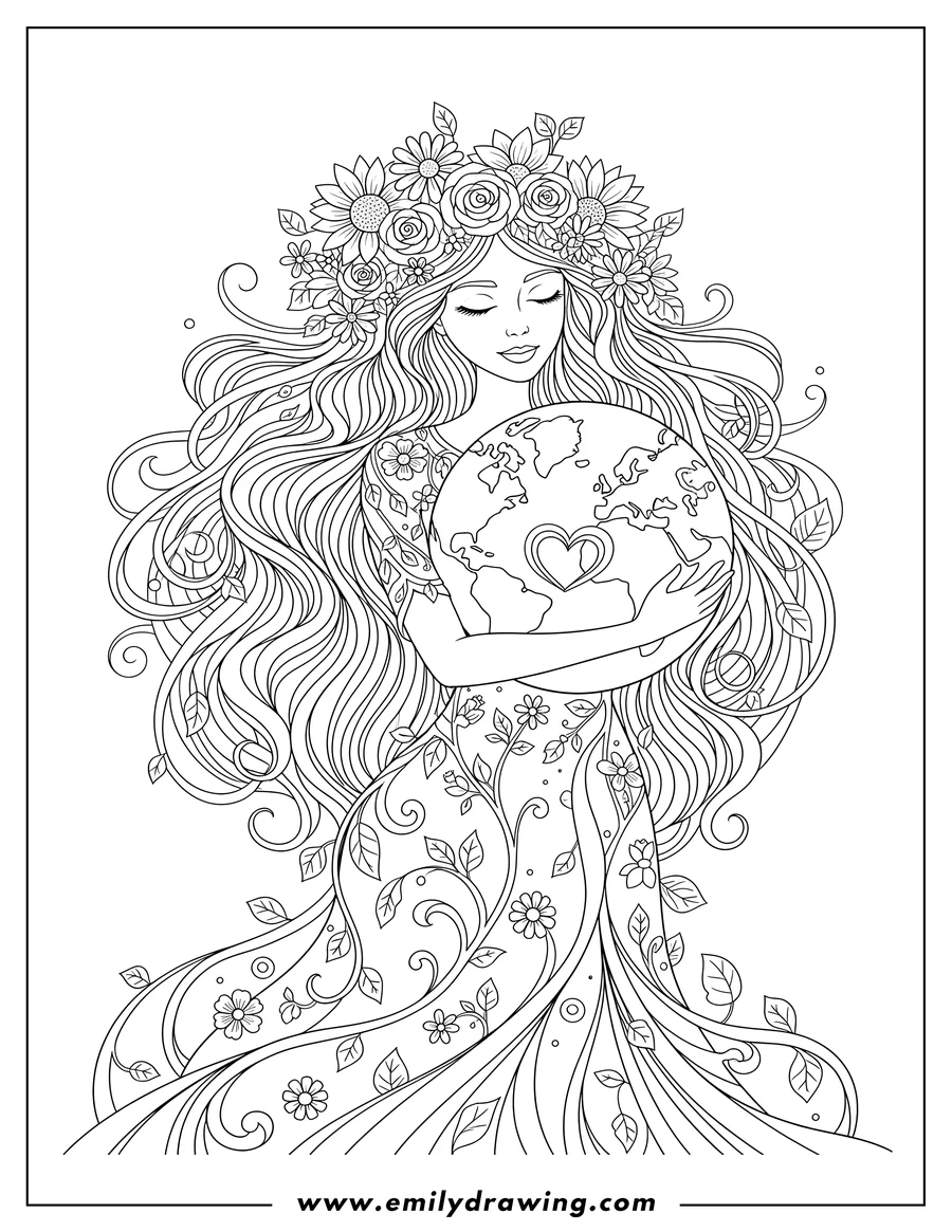 Free to print drawing of woman With Flower Crown, long flowing hair, hugging Earth