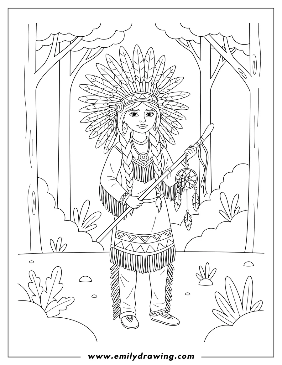 High quality printable native American Woman with feathered headdress and traditional attire standing in a forest for coloring