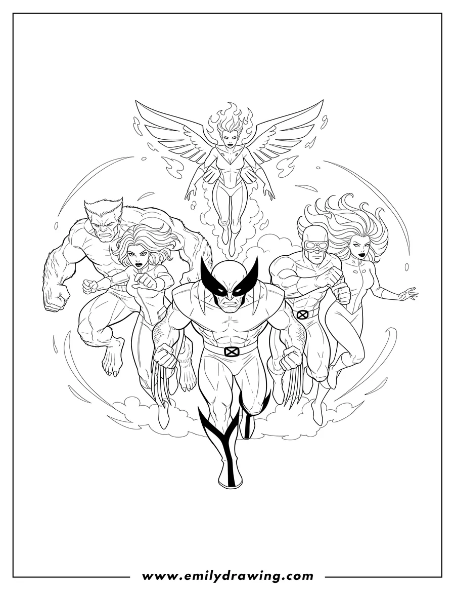 Outline drawing of realistic X Men Wolverine Beast Rogue Cyclops Storm Phoenix running