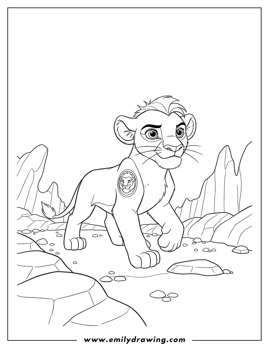 Printable line art of young Kion walking on rocky terrain, looking forward with his Guard Mark
