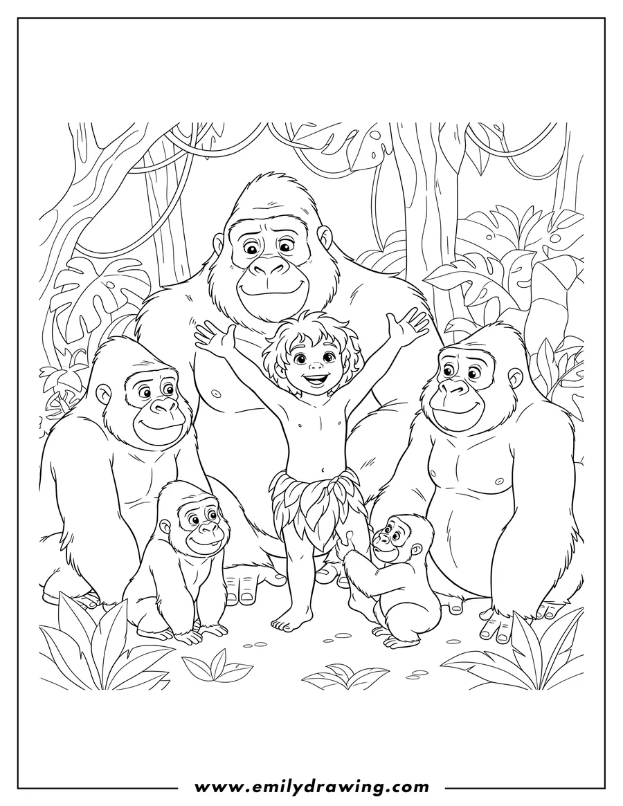 Linear illustration of young Tarzan Surrounded By Gorilla Family, smiling with hands raised as gorillas observe him