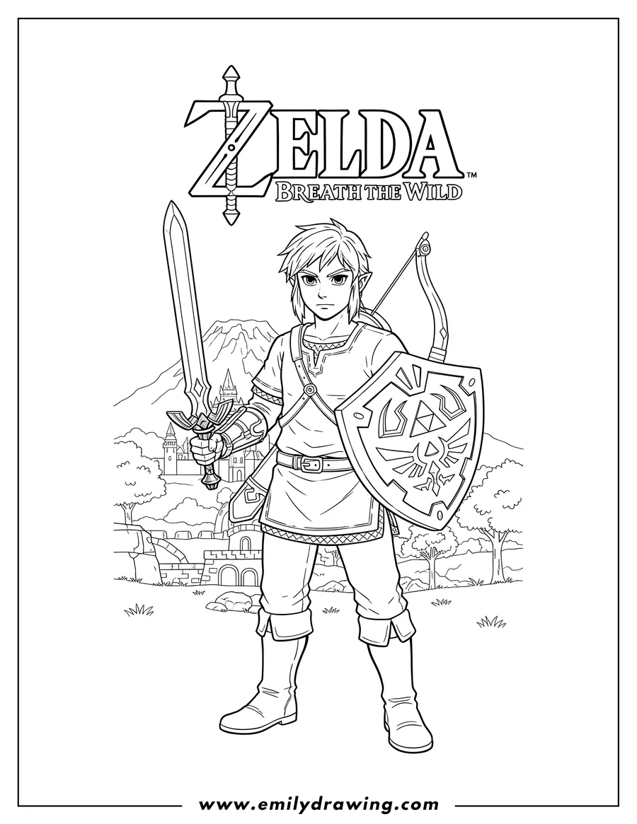 Doodle style coloring picture of zelda Breath Wild Scaled, featuring Link standing with his sword, bow, and shield, and the Master Sword as part of the game's title logo