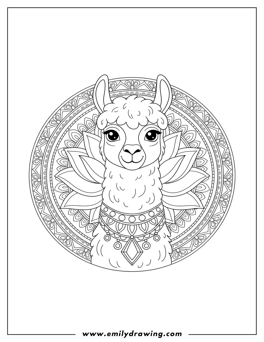 Downloadable coloring page of zen Llama facing forward with a decorative collar, with a lotus flower and mandala background