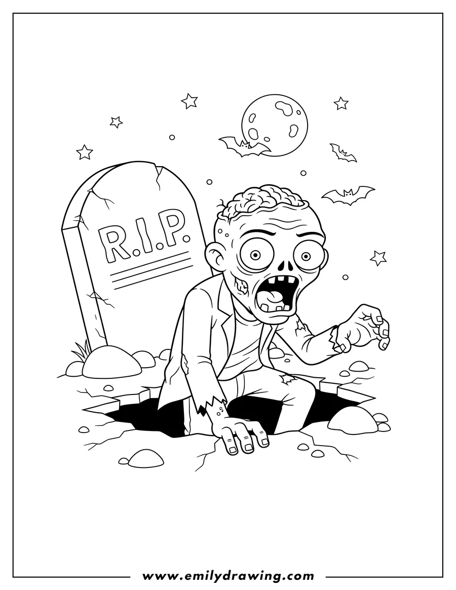 Clean line drawing: zombie With Exposed Brain Crawling Out Grave, open-mouthed with wide eyes, from an RIP tombstone