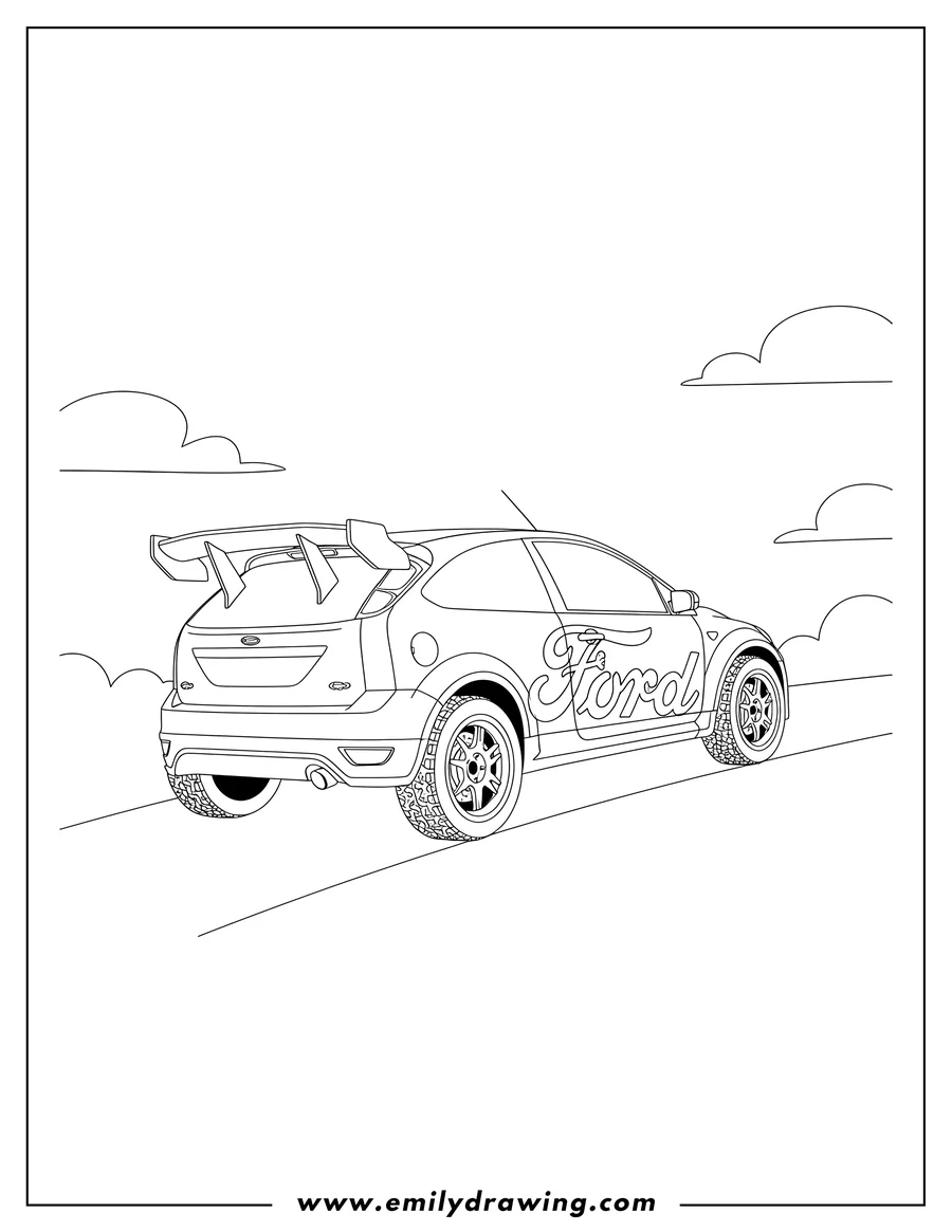 Black and white line art of rear View Ford Focus Hill Climb Race Car with a large spoiler and side Ford logo