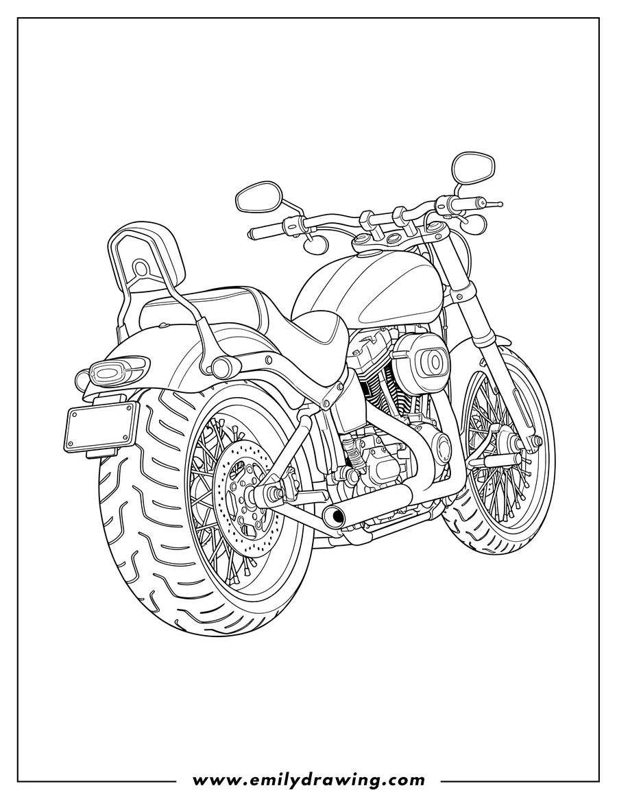 Free to print drawing of rear View Harley Davidson Motorcycle with spoked wheels and detailed engine