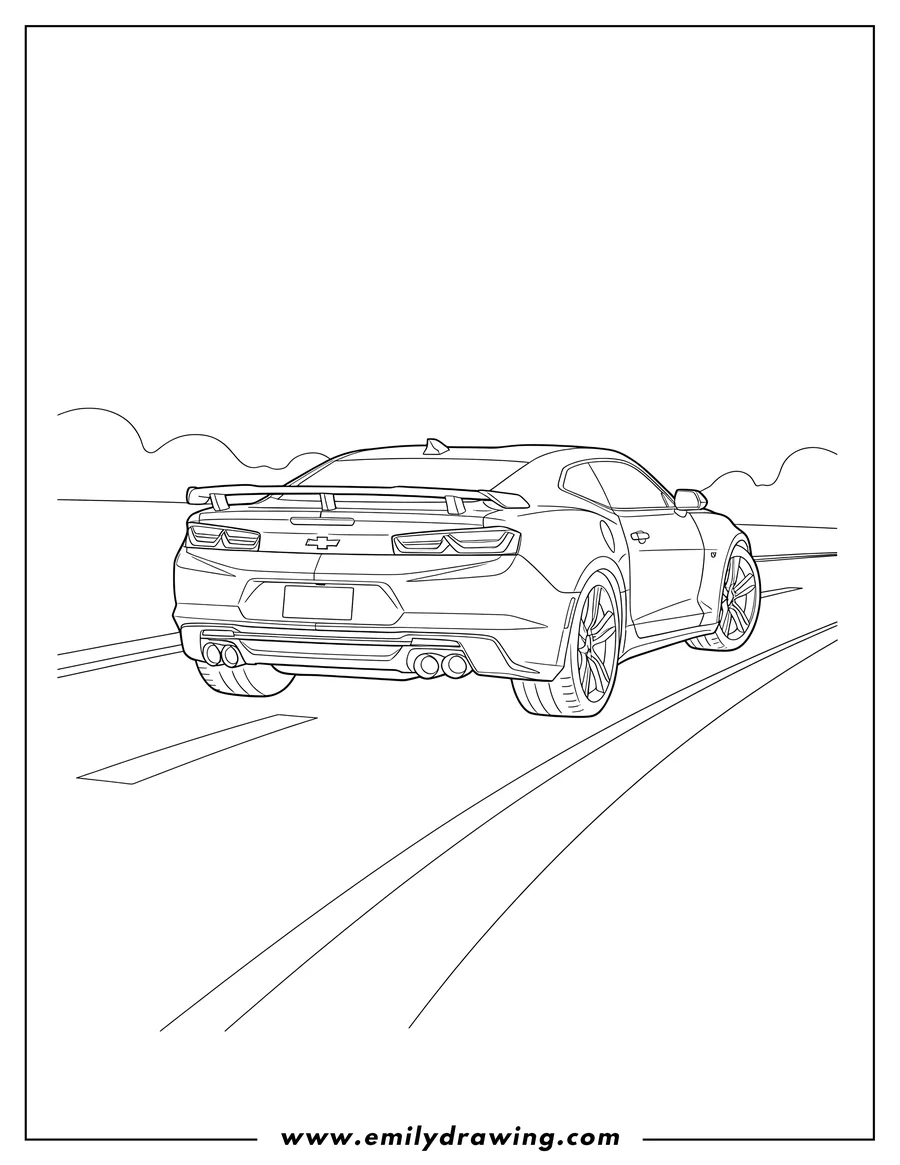 Linear illustration of rear view of a Chevrolet Camaro with a spoiler, driving on a road