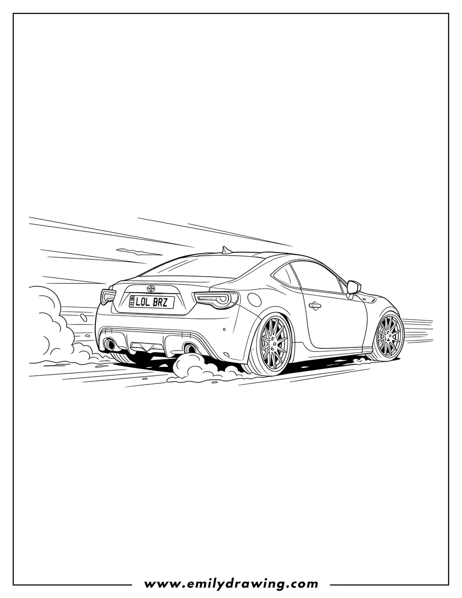 Printable line art of rear View Toyota 86 Speeding, with 'LOL BRZ' license plate and custom wheels