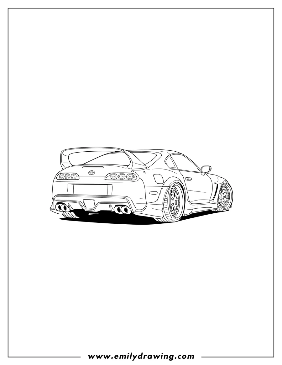 Simple sketch of rear View Toyota Supra with a large spoiler, custom wheels, and quad exhausts to color