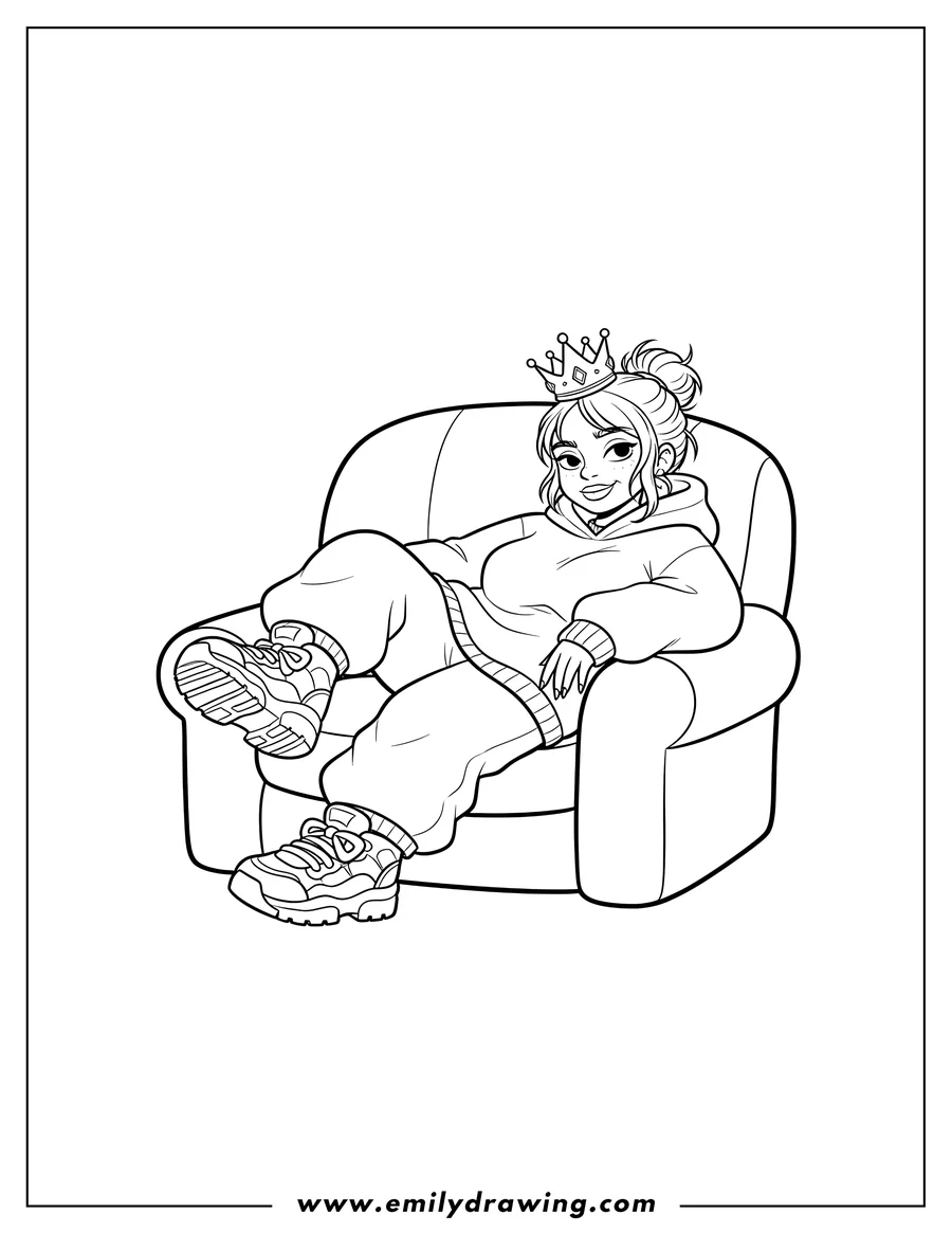 High quality printable billie Eilish Reclined On Chair Oversized Clothing, wearing a crown and sneakers for coloring