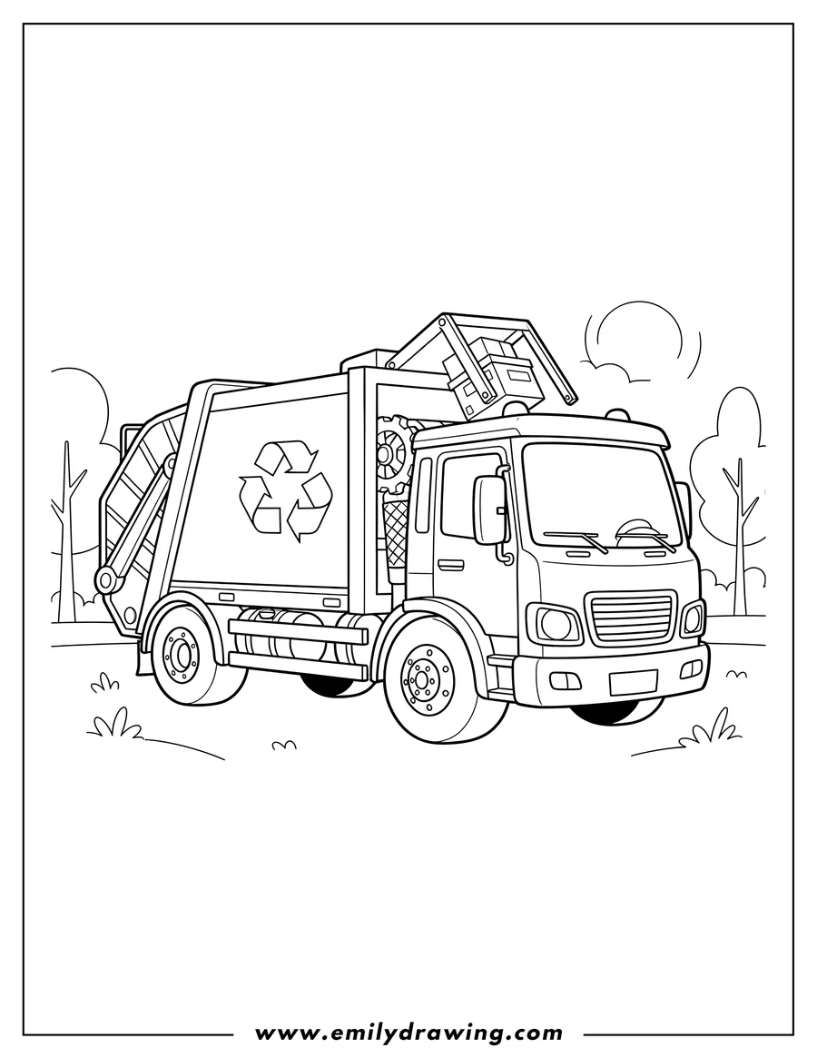 Coloring page for kids: recycling Garbage Truck with recycling symbol and compactor