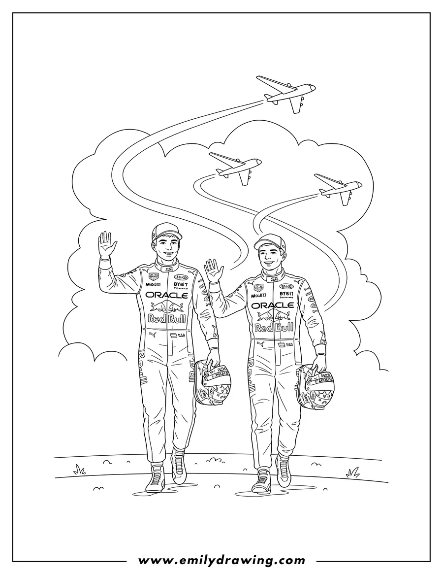 Doodle style coloring picture of two Realistic Oracle Red Bull Racers walking, with planes leaving contrails