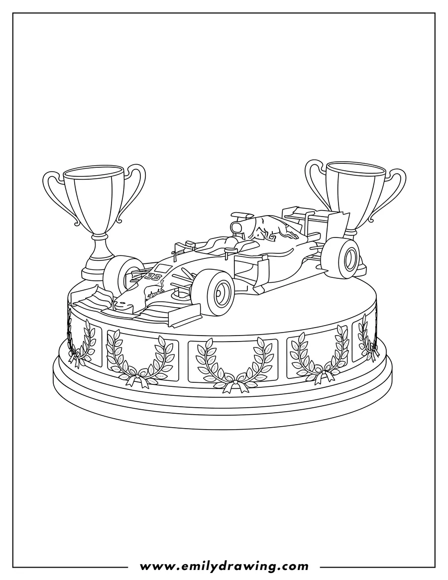 Free to print drawing of F1 Red Bull Rb13 Race Car on a trophy base, with a large winner's cup and laurel wreaths