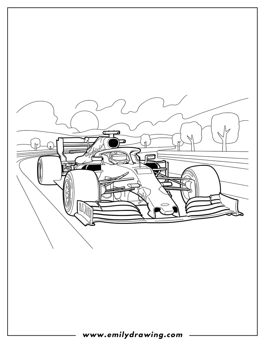 Full page coloring image of red Bull Racing Rb14 F1 Car on a race track