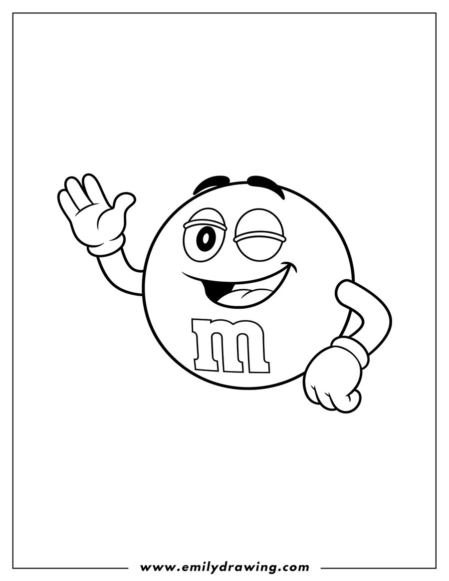 Vector style outline of red M&M character winking and waving, simple for preschoolers