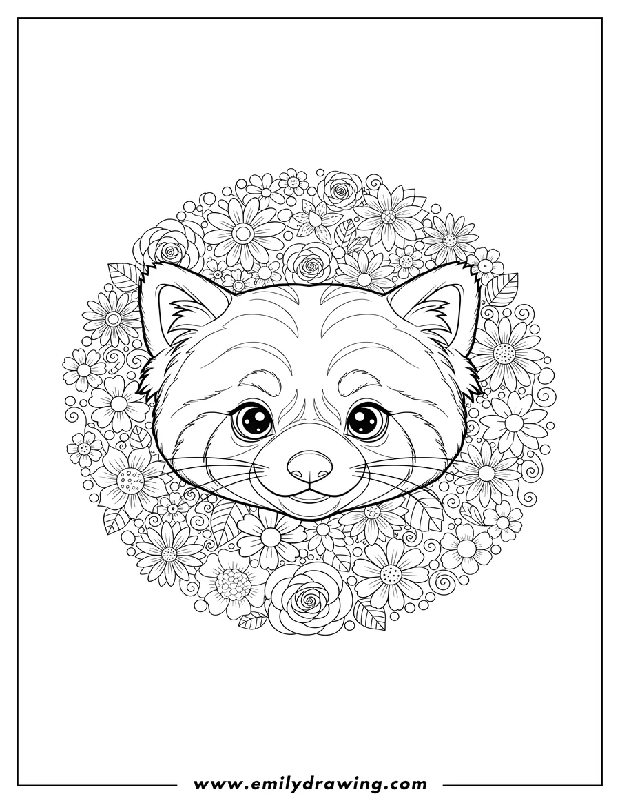 Downloadable coloring page of red Panda face in a floral mandala