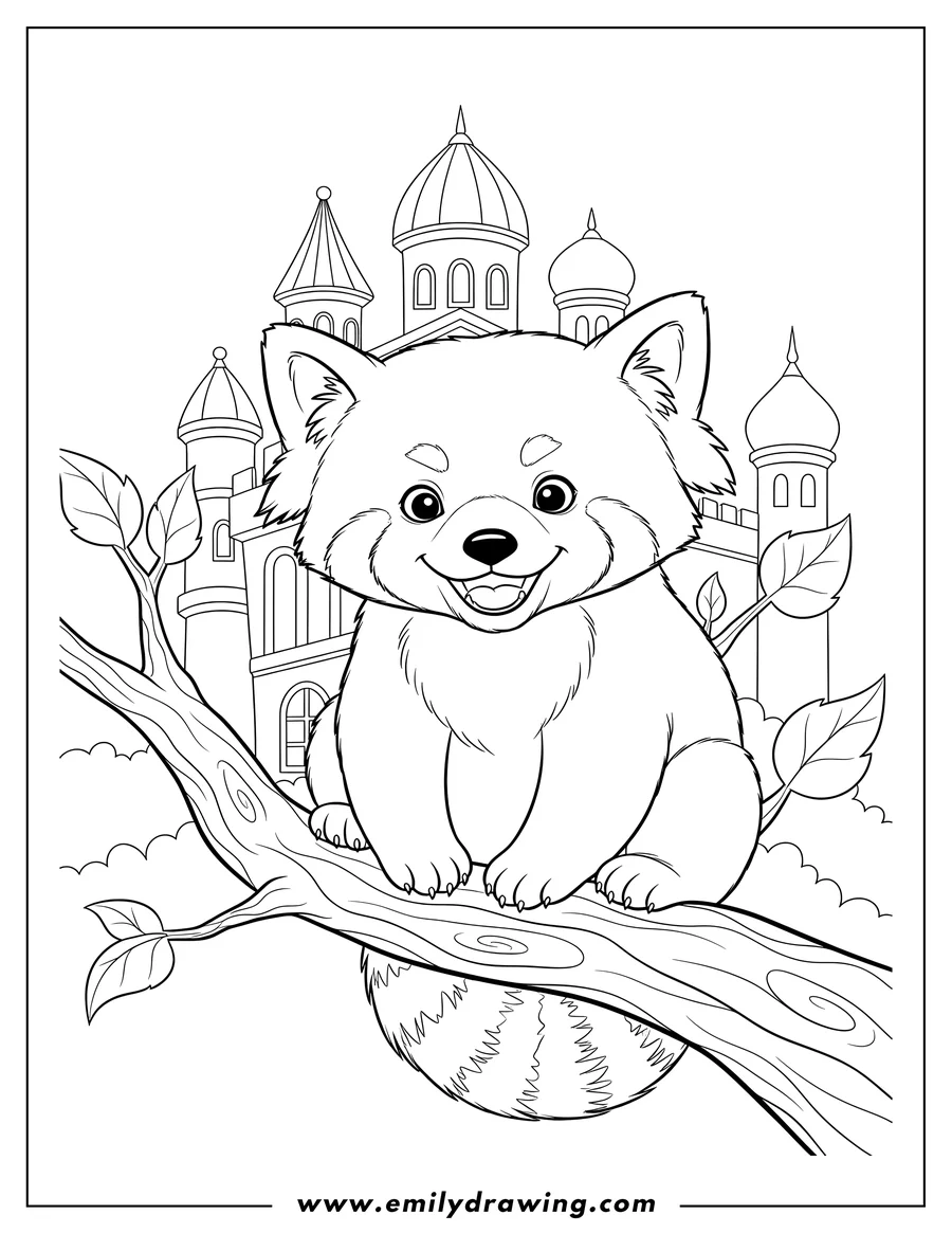 Clean line drawing: red Panda Perched On Tree Outside Palace, smiling and looking forward