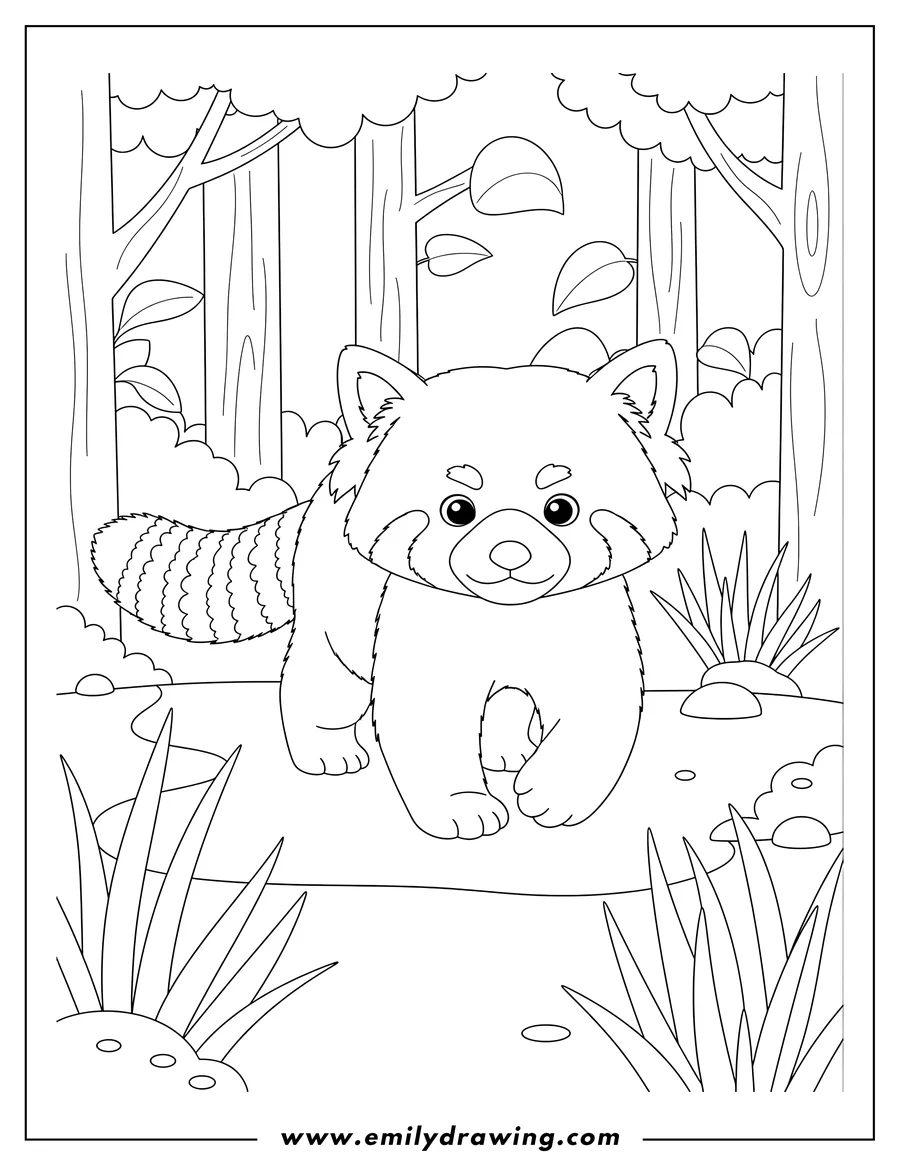 Free to print drawing of red Panda walking with its head turned forward and a small smile, in a grassy forest to color