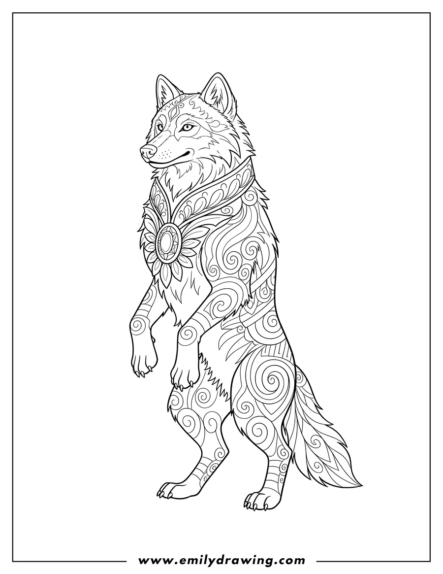 Free to print drawing of regal Wolf standing, head turned to the side, with an ornate collar and decorative markings