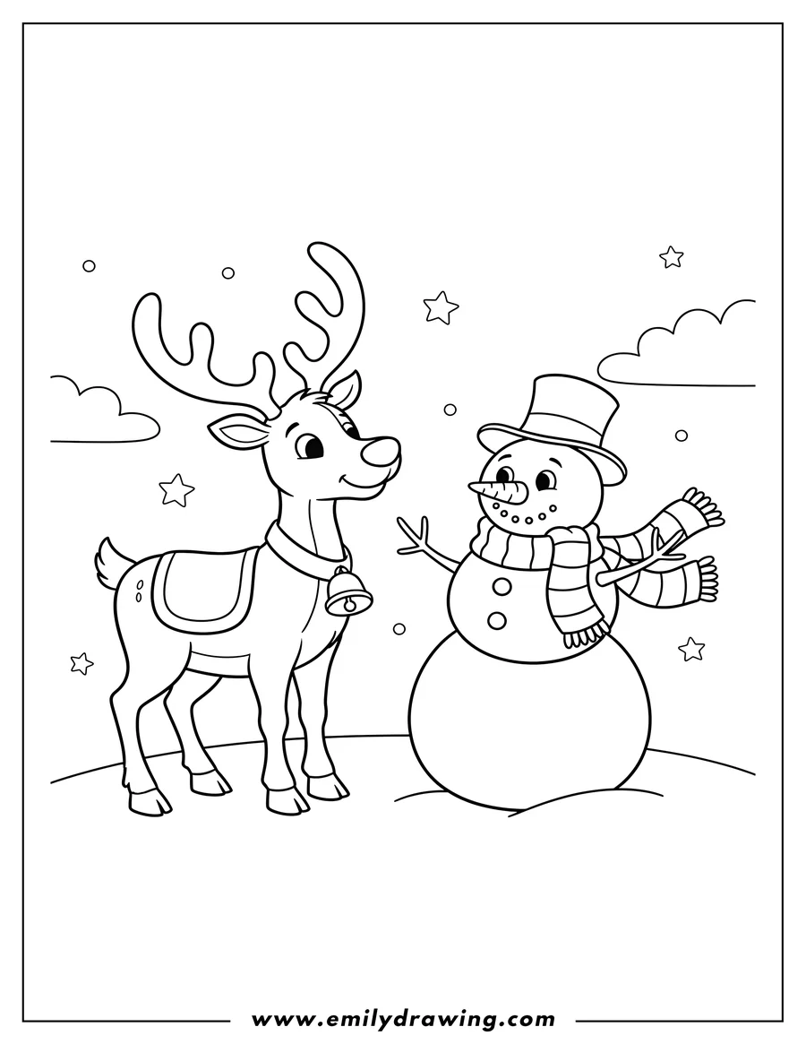 High quality printable reindeer And Snowman To Color Scaled, with a bell on the reindeer and stick arms and a scarf on the snowman for coloring