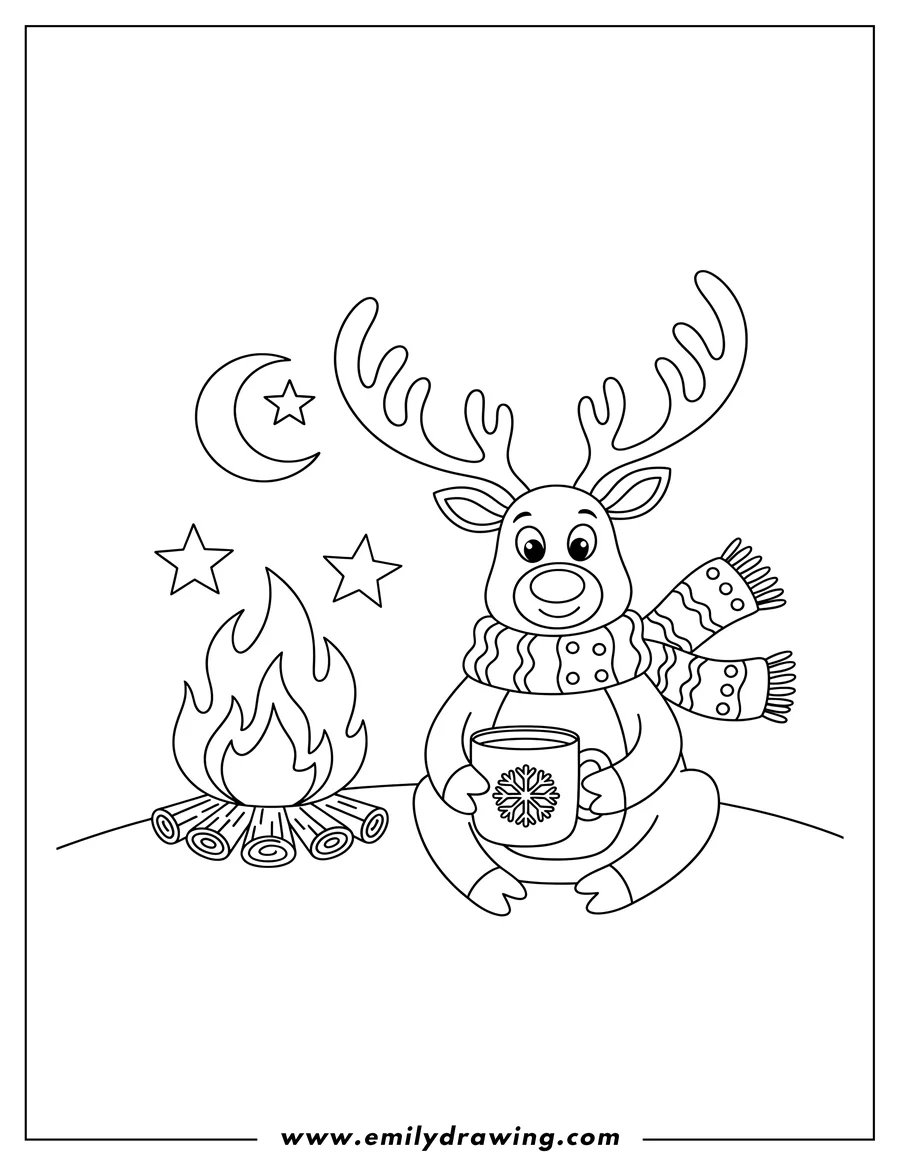 PDF style coloring page: relaxed Reindeer with antlers, wearing a scarf, holding a coffee mug with a snowflake design, in front of a bonfire