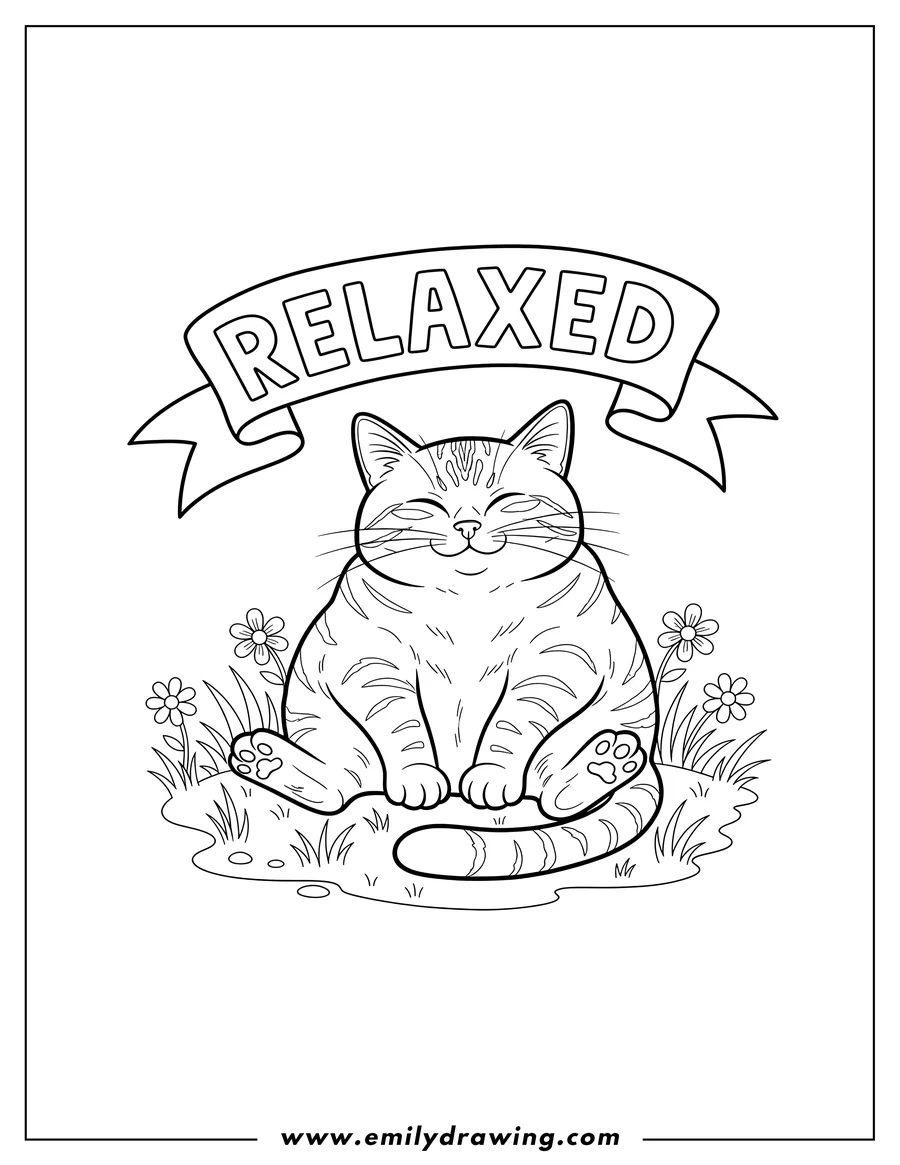 Coloring page of relaxed Tabby Cat Sitting On Grass with eyes closed and paws spread out, a 'RELAXED' banner overhead