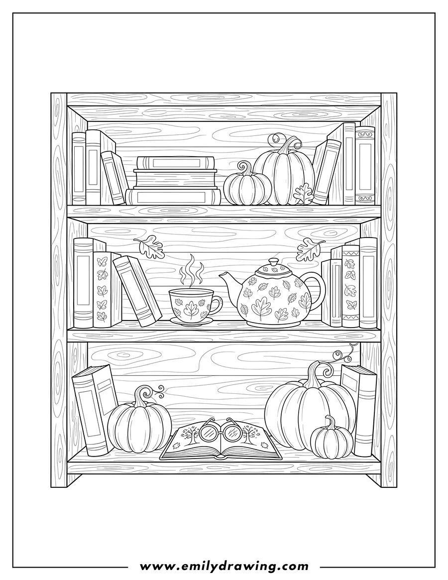 Coloring page of relaxing Fall Themed Bookshelf with books, a steaming tea cup, a teapot, pumpkins, and an open book