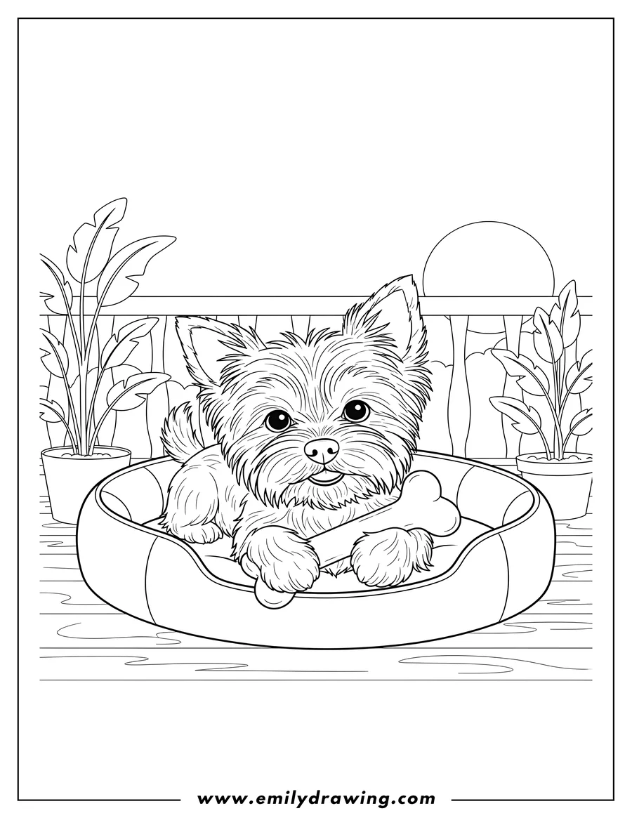 Printable line art of relaxing Yorkshire Terrier in a dog bed on a porch, holding a bone