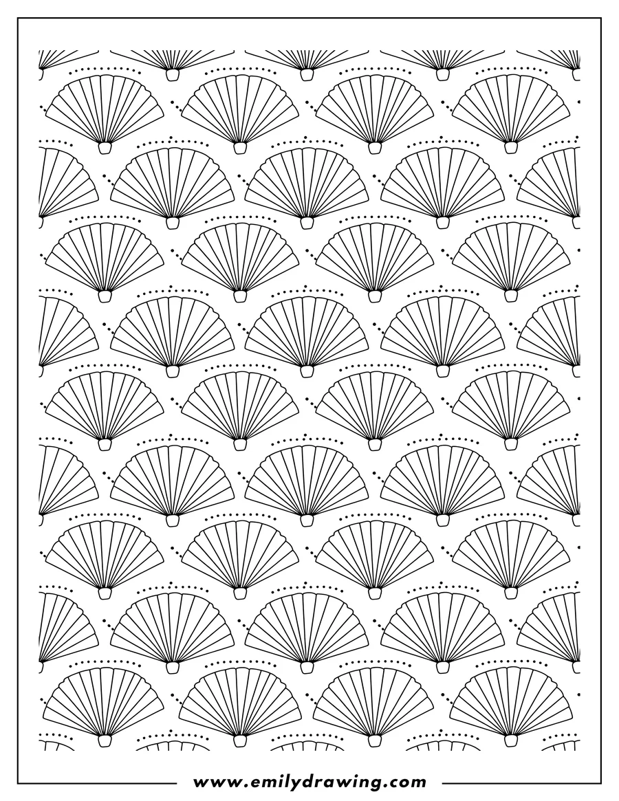 Coloring page of repeating Stylized Fan Flower Pattern with dotted arcs