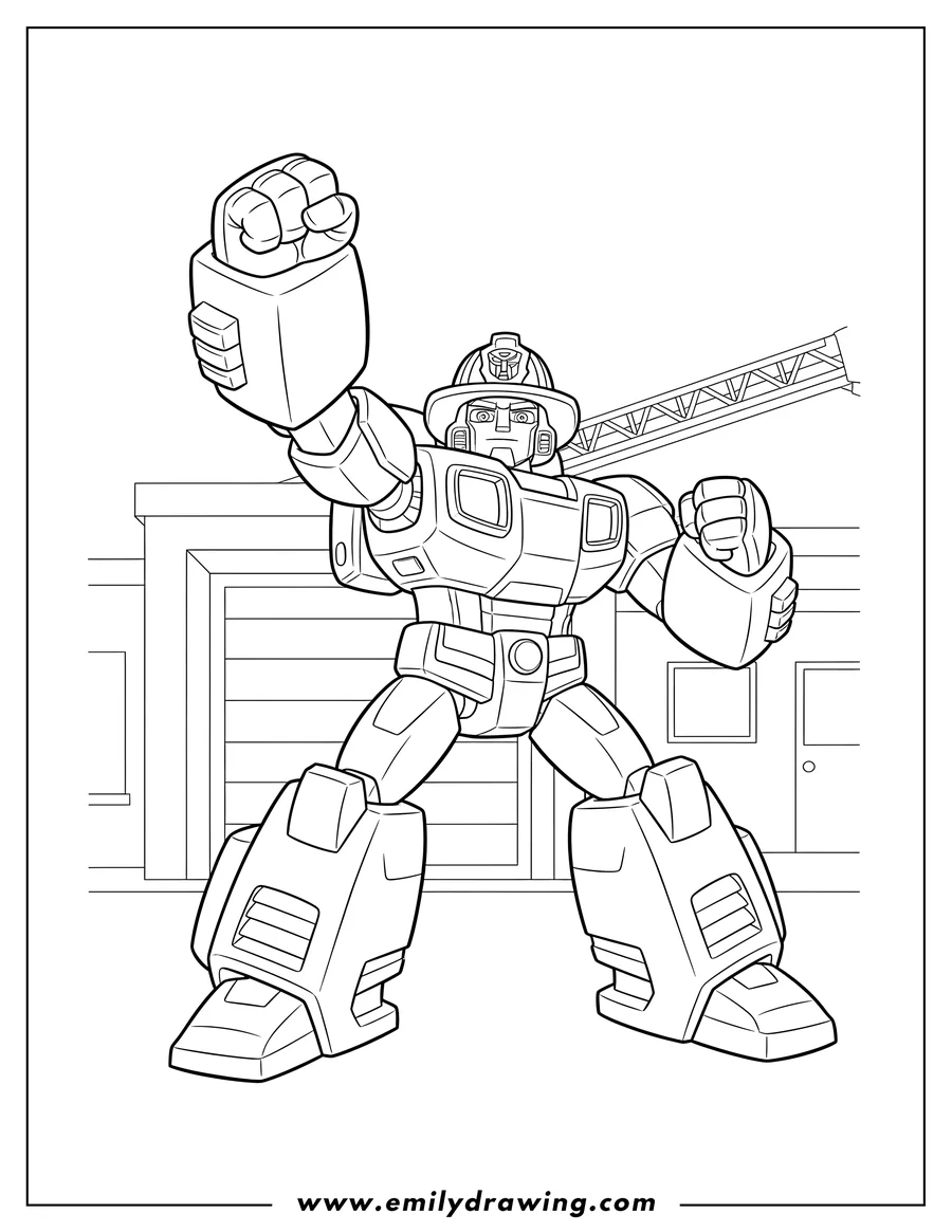 PDF style coloring page: rescue Bots Heatwave, wearing a firefighter helmet, punching the air with a raised fist