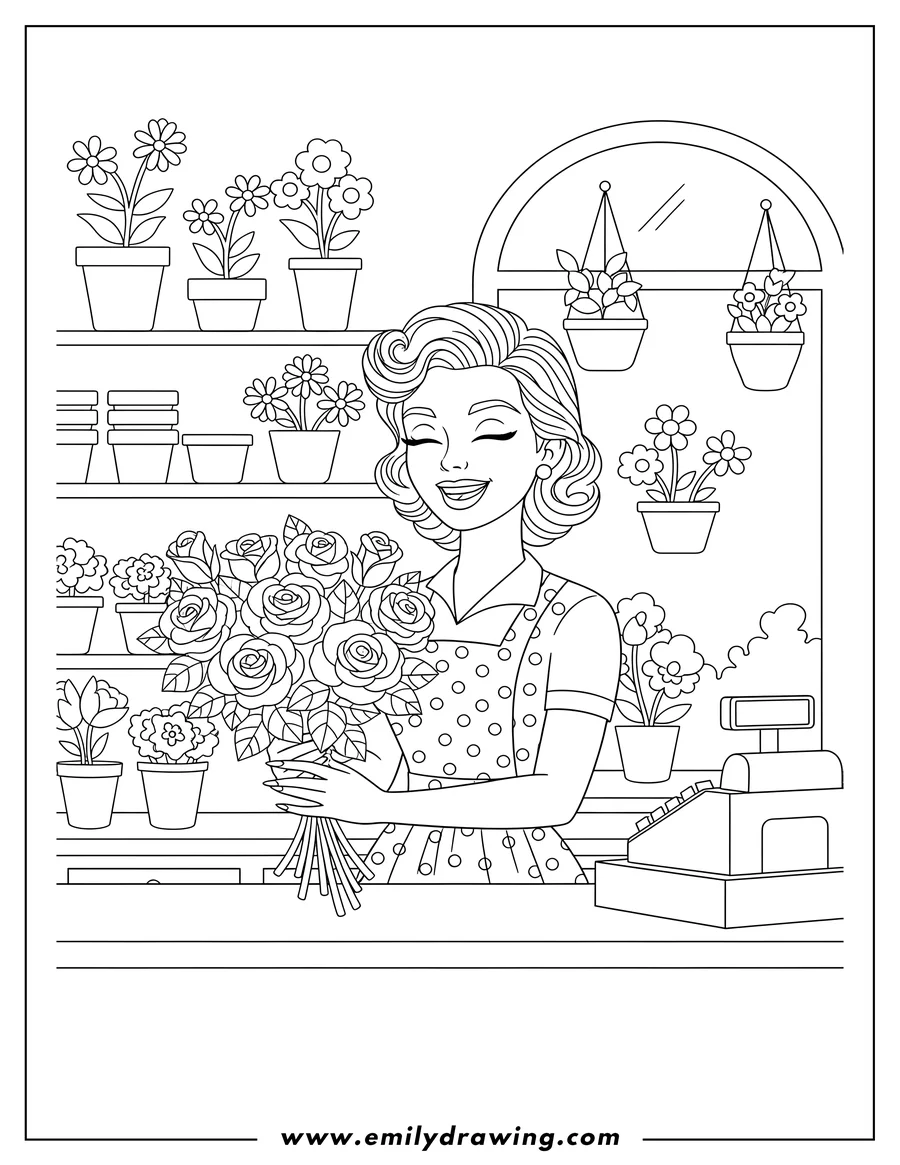 Coloring page of retro Florist in an apron with closed eyes smiling, arranging a rose bouquet in a classic shop. Adults