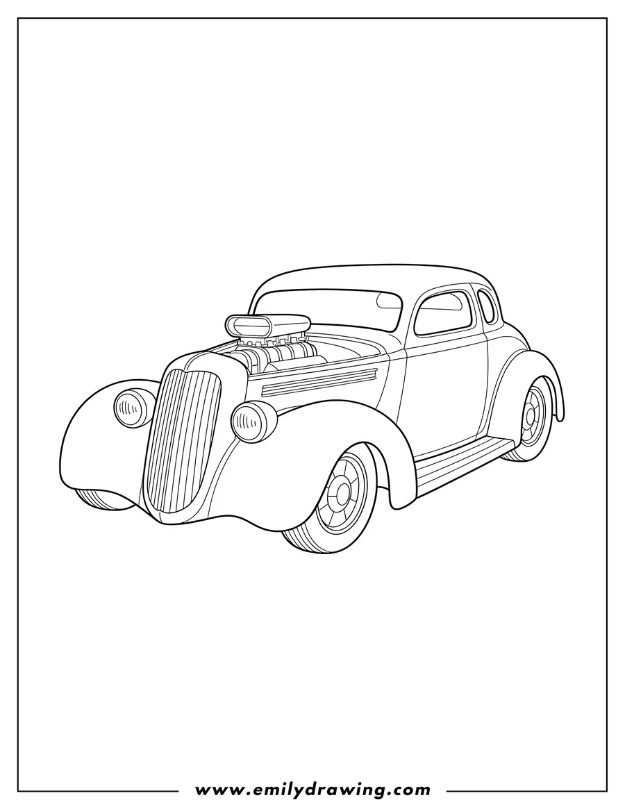 Linear illustration of retro Hot Rod Car With Smooth Body Lines, lowered with fender skirts