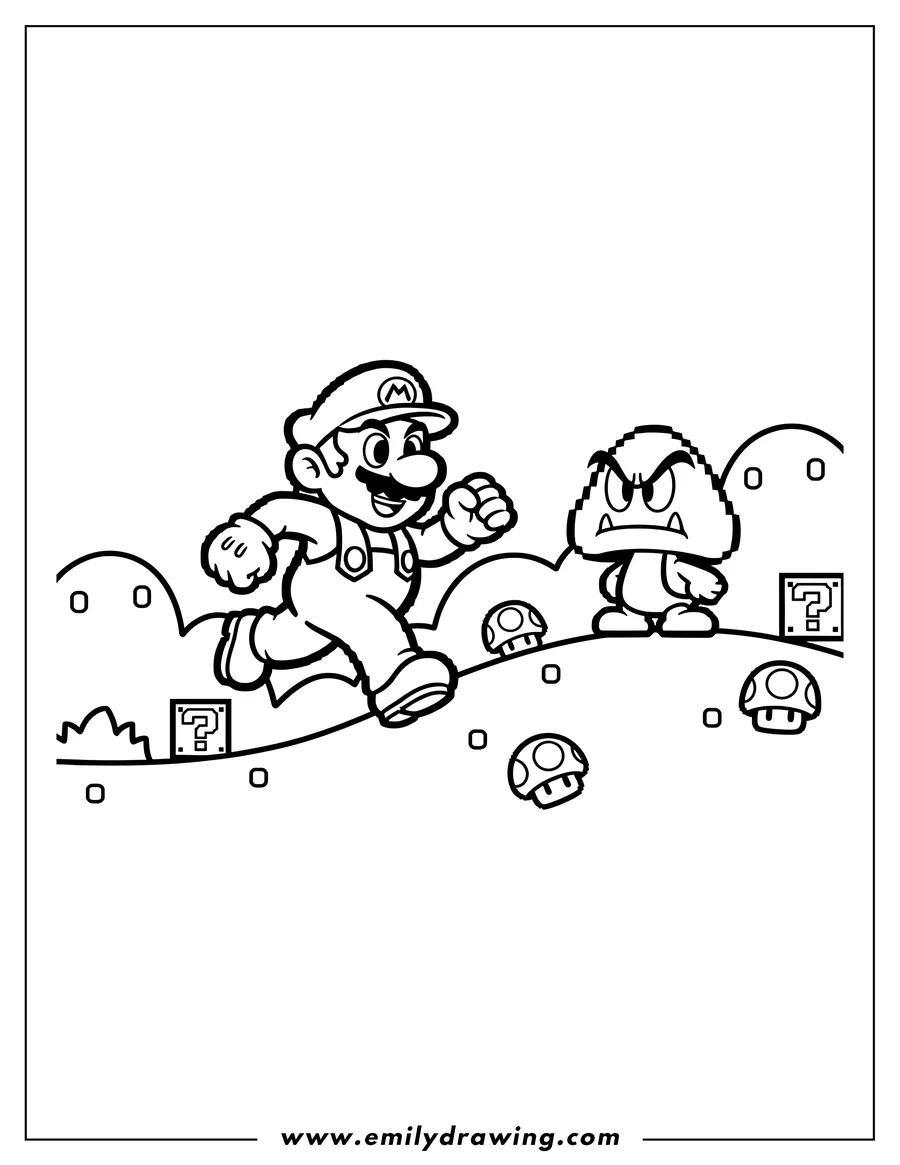 Printable coloring page of retro Mario running and Goomba on a hill, pixel scaled