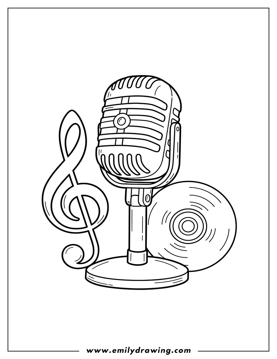 Printable coloring page of retro microphone on a stand, CD, and treble clef grouped together, preschoolers coloring page