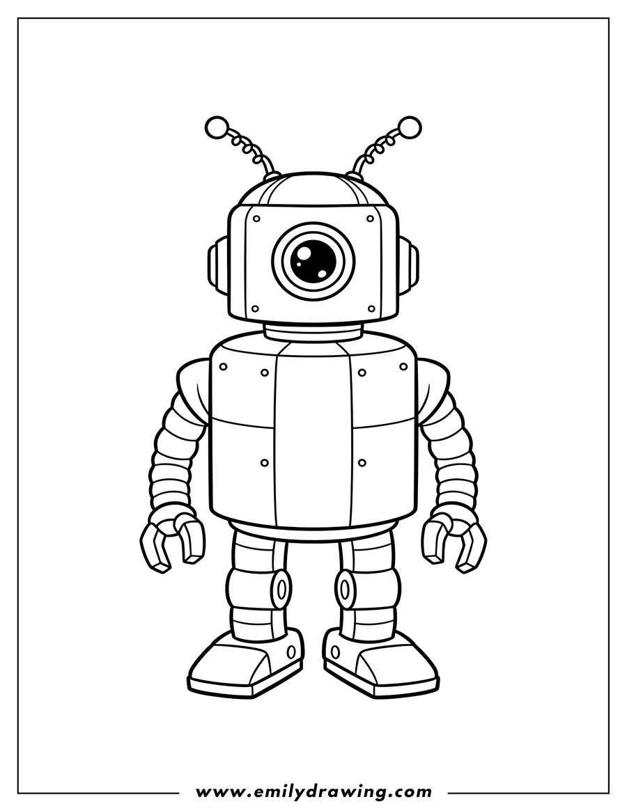 Coloring page of retro Robot With Single Lens, with two antennas and two blocky feet