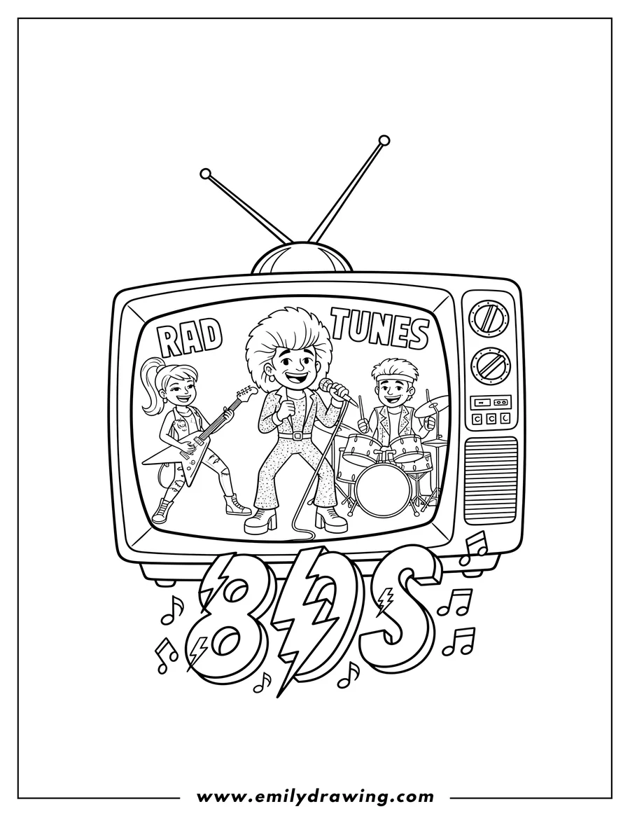 Downloadable coloring page of retro Rock Band On Vintage Tv 80S with three smiling members