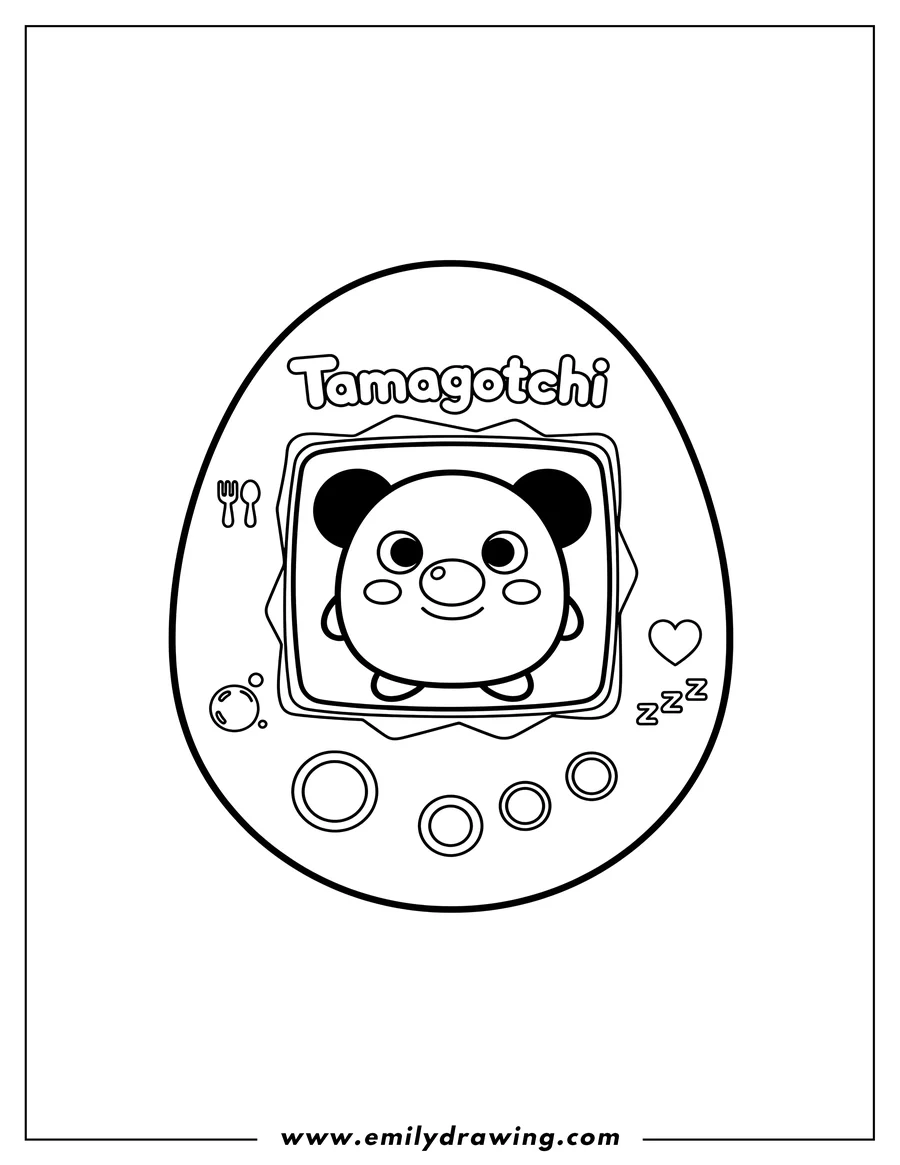 Coloring page of retro Tamagotchi With Mametchi On Screen, with 'Tamagotchi' logo, three buttons, and game icons