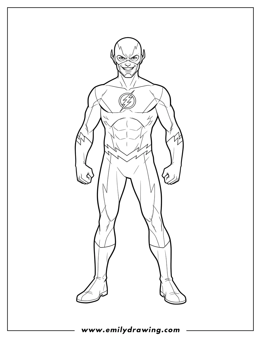 Coloring page of reverse Flash, full body, standing, grinning