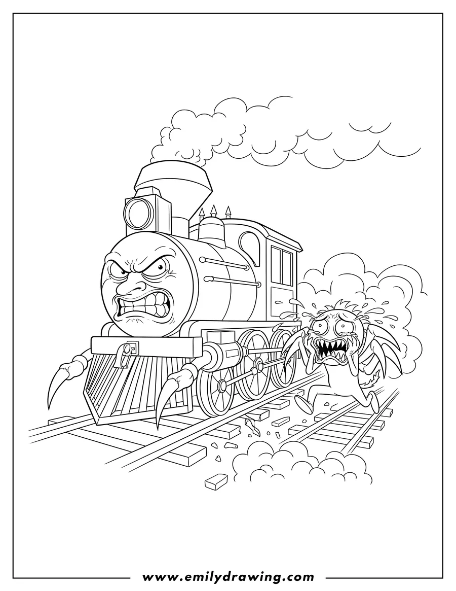 Coloring page for kids: reverse Role Choo Choo Warren, an angry train, chasing a scared Charles who is crying with sharp teeth and running away