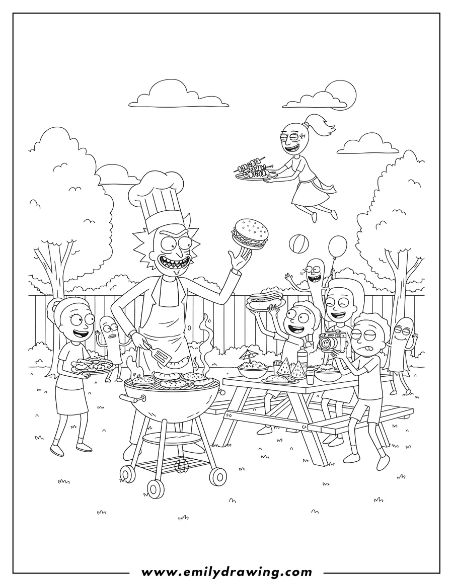 Printable coloring page of rick and Morty Backyard Barbecue Party with Characters, featuring Chef Rick grilling, and Jerry taking a picture