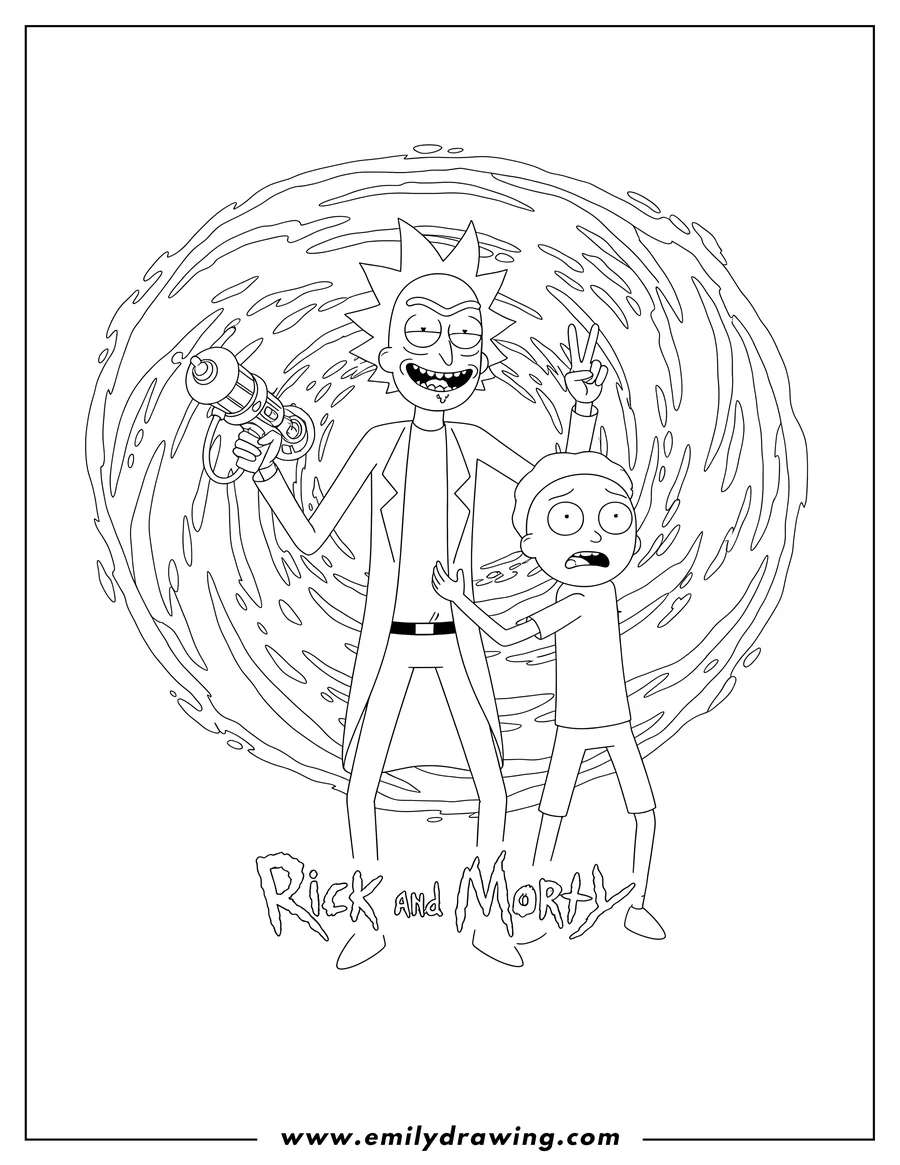 Coloring sheet featuring rick And Morty poster art with logo, featuring Rick holding a portal gun and making a peace sign, with a worried Morty standing next to him, all in front of a swirling portal